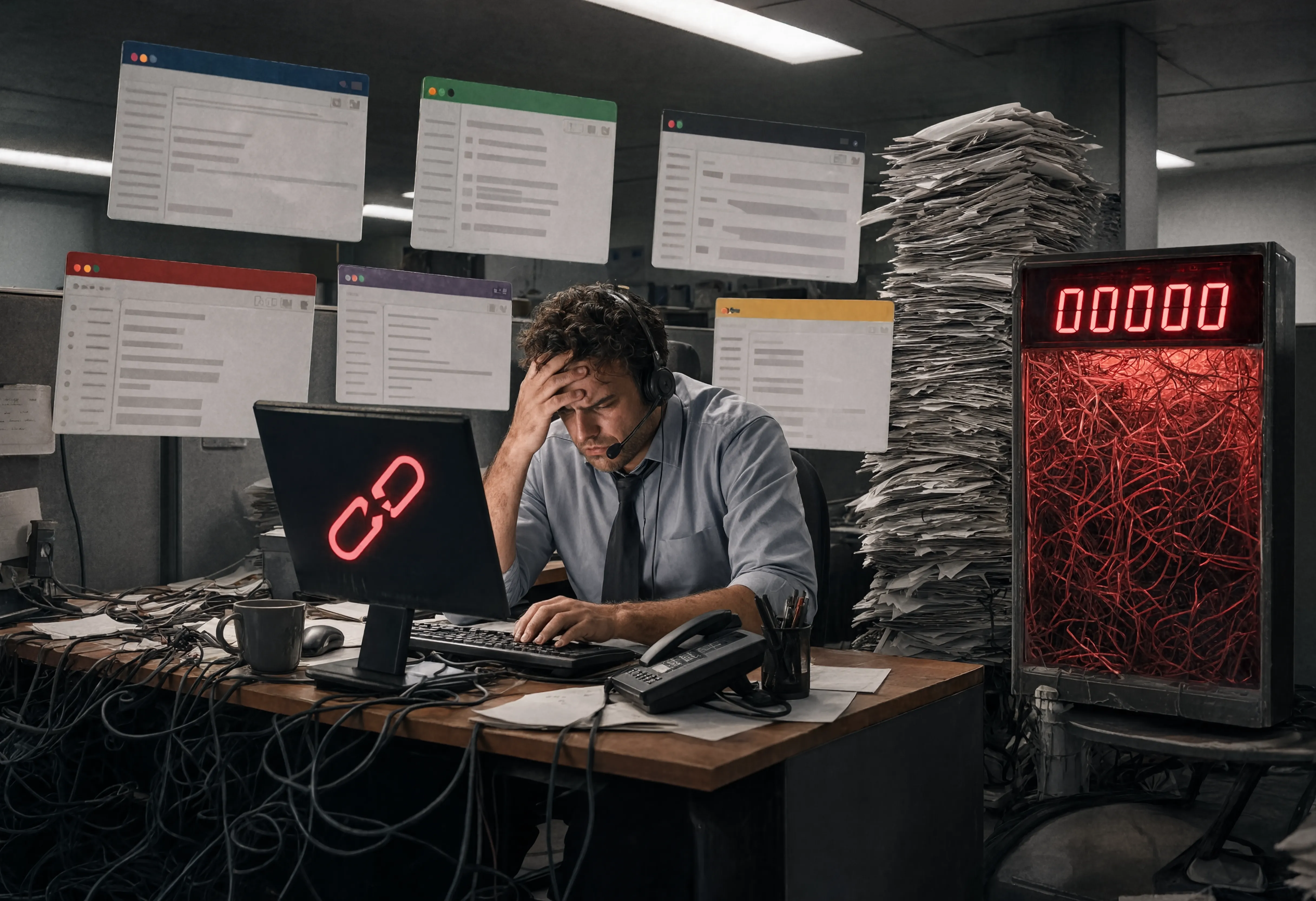 Overwhelmed support agent working with a legacy ticketing system.